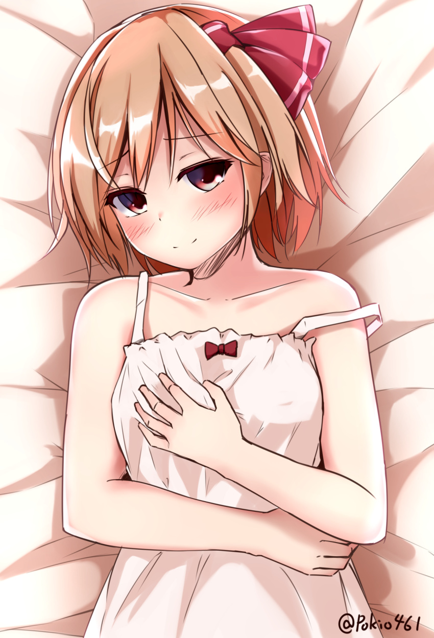 1girl artist_name bare_shoulders blonde_hair blush camisole hair_ribbon hand_on_breast highres looking_at_viewer lying on_back pokio red_eyes ribbon rumia short_hair solo strap_slip touhou