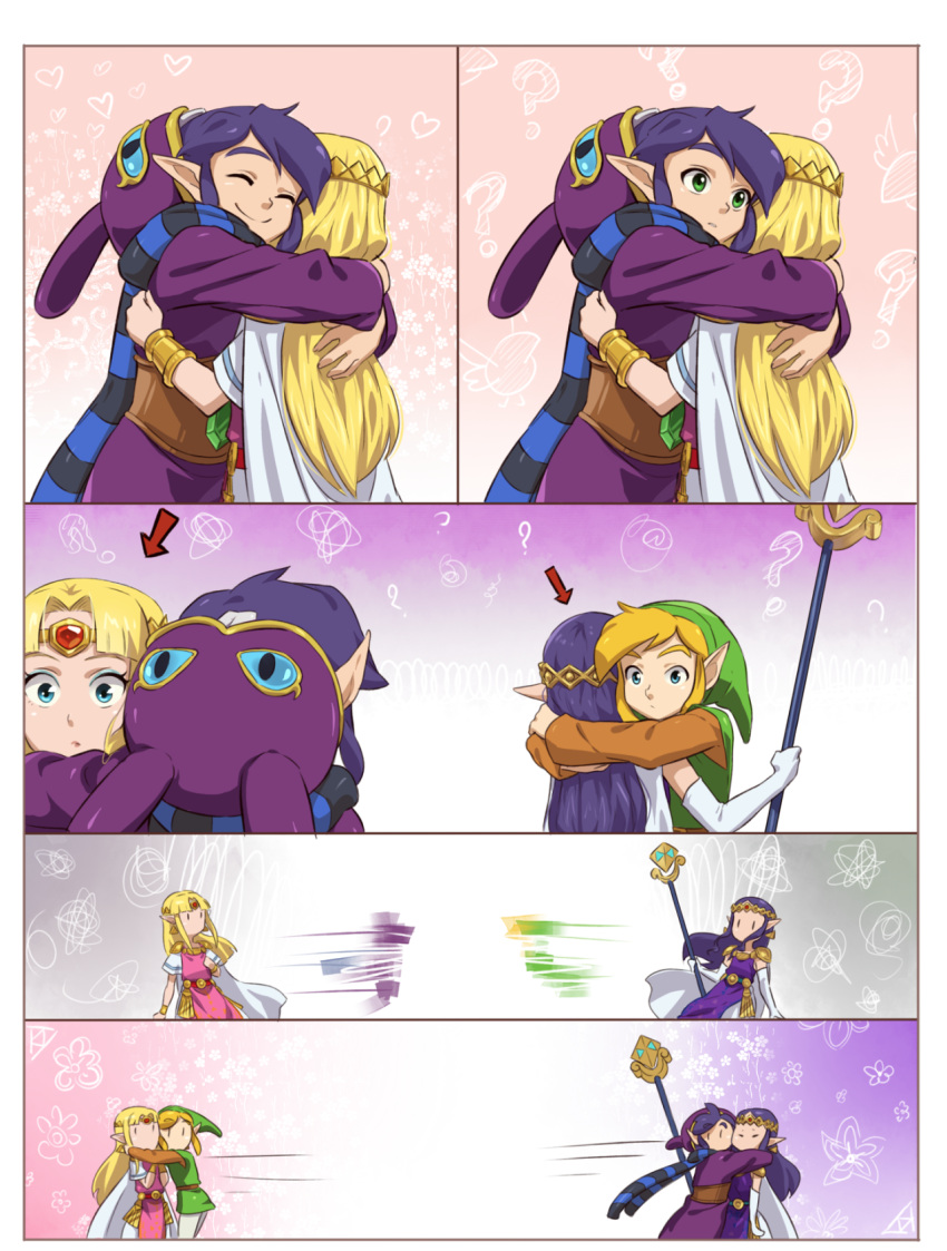 2boys 2girls ? afterimage alderion-al aqua_eyes blonde_hair cape circlet comic directional_arrow elbow_gloves floral_background gloves green_eyes highres hug link mask mask_removed multiple_boys multiple_girls pointy_ears princess_hilda princess_zelda purple_hair ravio smile speed_lines spoilers squiggle staff the_legend_of_zelda the_legend_of_zelda:_a_link_between_worlds white_gloves wrist_cuffs you're_doing_it_wrong