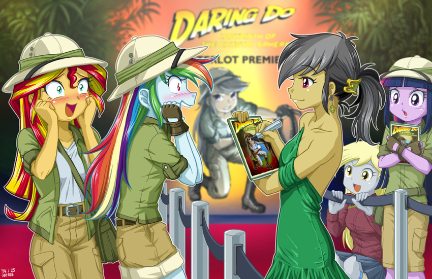 5girls blush book daring_do derpy_hooves dress multiple_girls my_little_pony my_little_pony_equestria_girls my_little_pony_friendship_is_magic personification pith_helmet rainbow_dash sunset_shimmer tagme twilight_sparkle uotapo