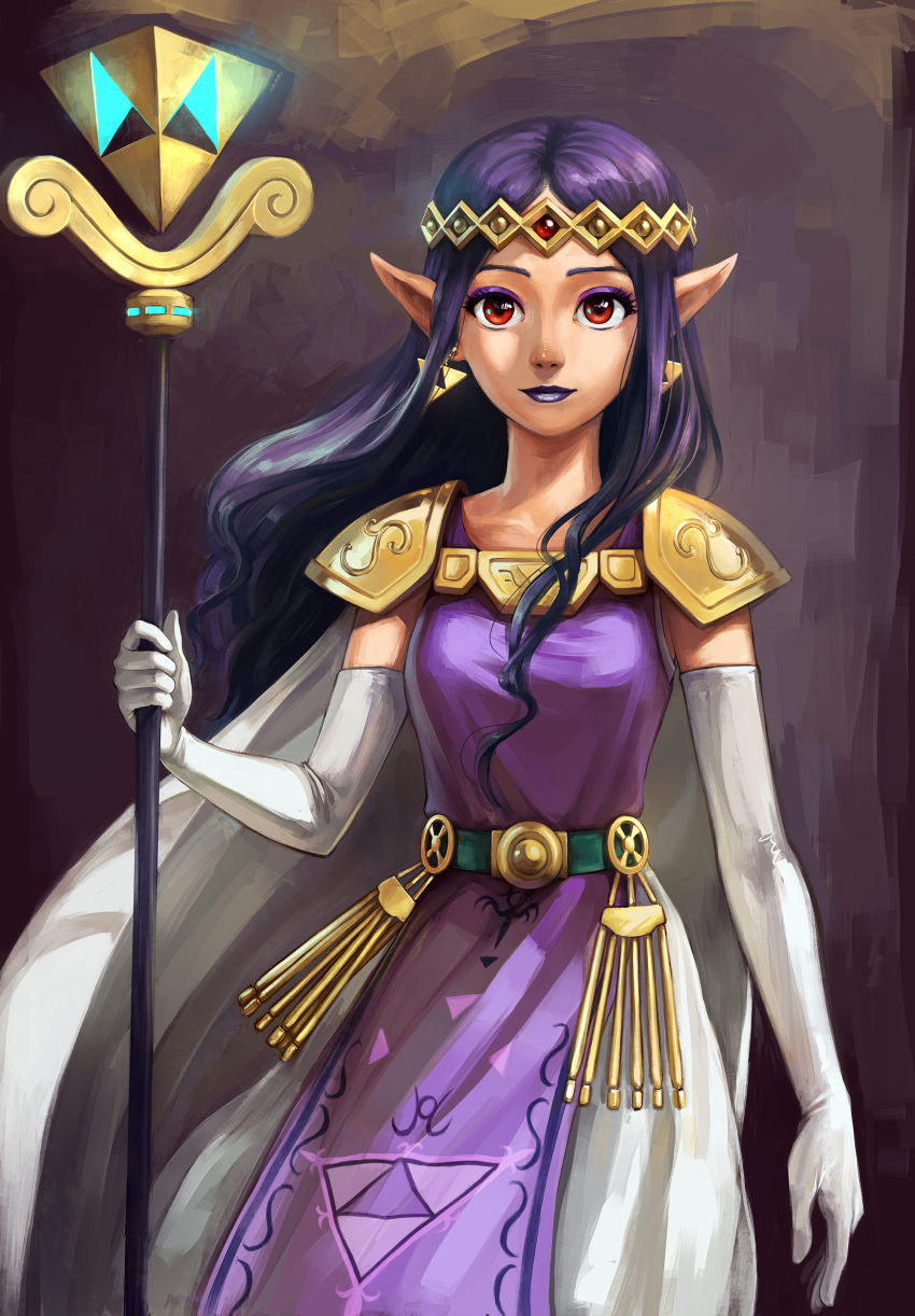 1girl absurdres alderion-al cape circlet dress earrings elbow_gloves gloves highres jewelry lipstick long_hair makeup pointy_ears princess_hilda purple_dress purple_hair purple_lipstick red_eyes smile solo staff the_legend_of_zelda the_legend_of_zelda:_a_link_between_worlds triforce white_gloves