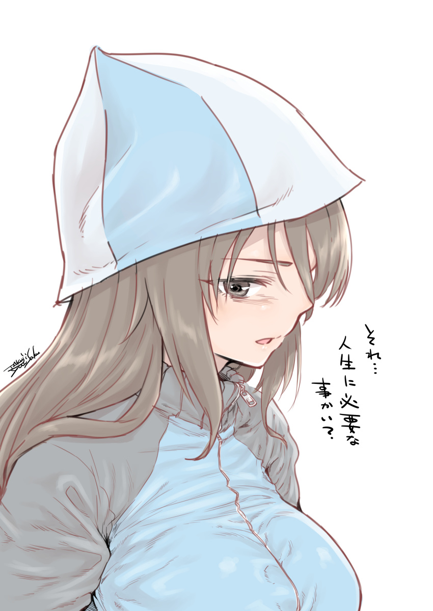 1girl absurdres artist_name bangs blue_jacket blush breasts brown_eyes brown_hair girls_und_panzer hair_between_eyes hat highres jacket large_breasts long_hair looking_at_viewer mika_(girls_und_panzer) military military_uniform parted_lips portrait signature simple_background solo takuji_yuusaku track_jersey translated uniform white_background