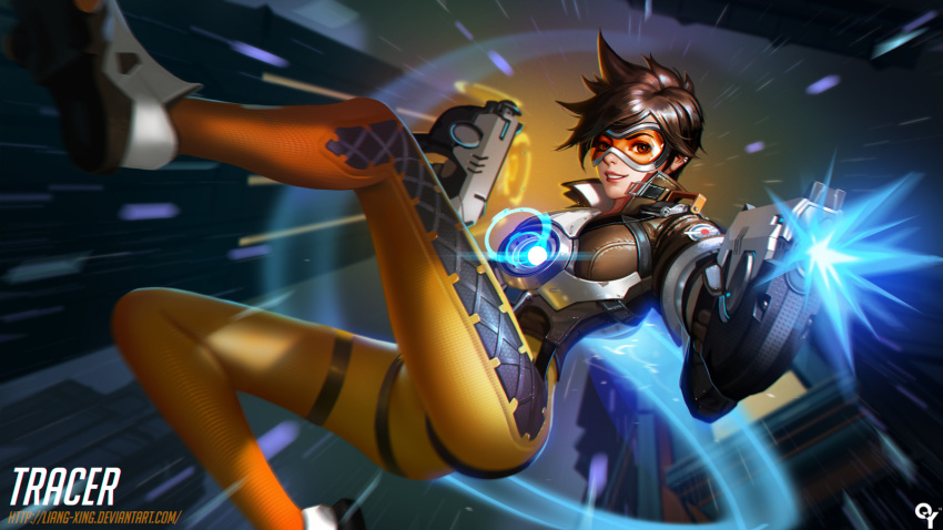 1girl artist_name blurry brown_eyes brown_hair brown_jacket building character_name depth_of_field dual_wielding emblem firing glowing goggles gun highres holding holding_gun holding_weapon legs_apart liang_xing long_sleeves looking_at_viewer outdoors overwatch pants parted_lips red_lips shoes short_hair signature smile solo teeth thigh_strap tracer_(overwatch) watermark weapon web_address white_shoes yellow_pants