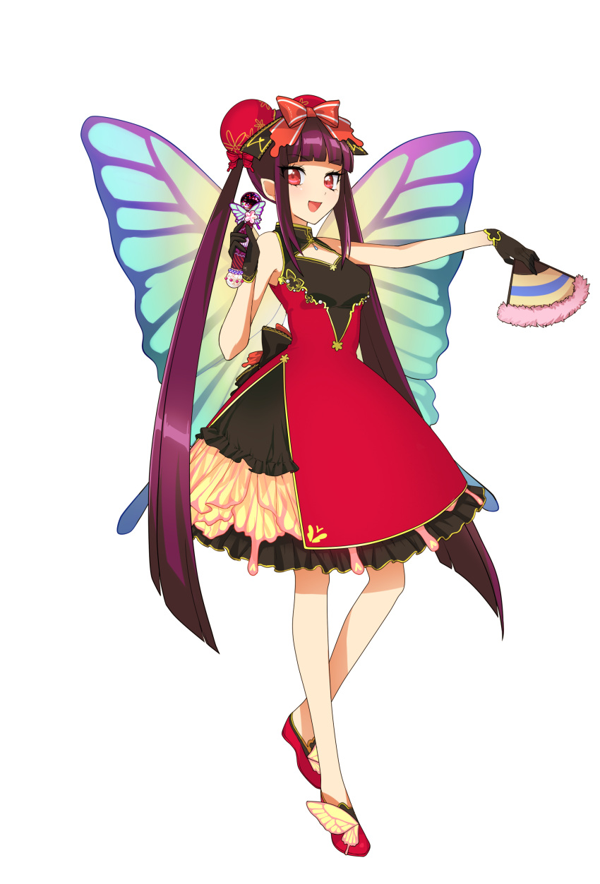 00s 1girl bangs bare_legs bare_shoulders black_gloves blunt_bangs butterfly butterfly_wings chinese_clothes double_bun dress fan frills full_body fur gloves hair_bun hair_ornament hair_ribbon jewelry lanhua long_hair looking_at_viewer mermaid_melody_pichi_pichi_pitch microphone open_mouth pointy_ears purple_hair red_eyes simple_background sleeveless smile solo tied_hair twintails very_long_hair white_background wings wntame