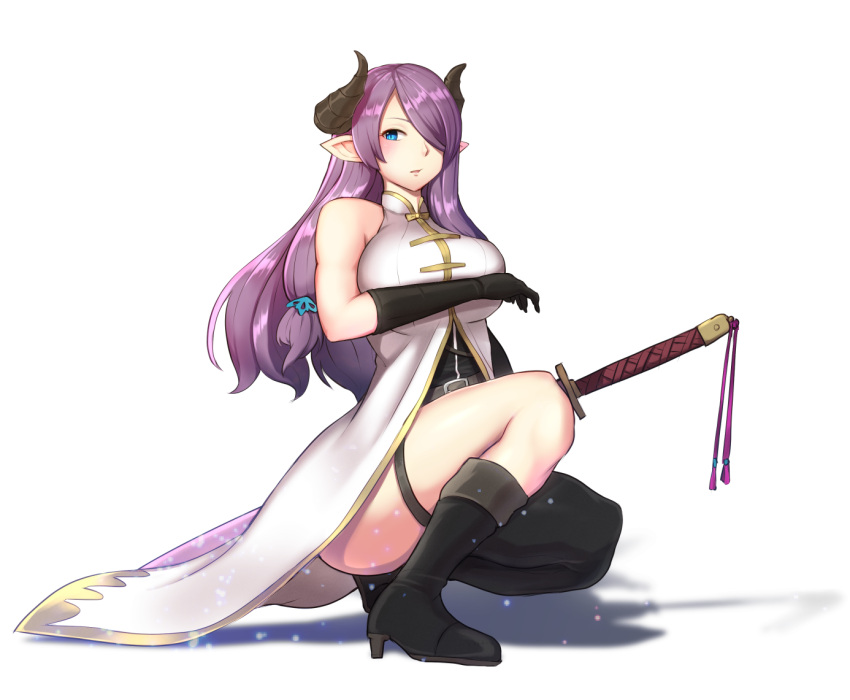 1girl bare_shoulders black_gloves black_legwear blue_eyes boots breasts cow_girl cow_horns dress elbow_gloves female fighting_pose gloves granblue_fantasy hair_ornament hair_over_one_eye hairclip horns huge_breasts katana long_hair looking_at_viewer narumeia_(granblue_fantasy) pointy_ears purple_hair simple_background solo squatting sword taka_(vert_320) thigh-highs thighs weapon white_background