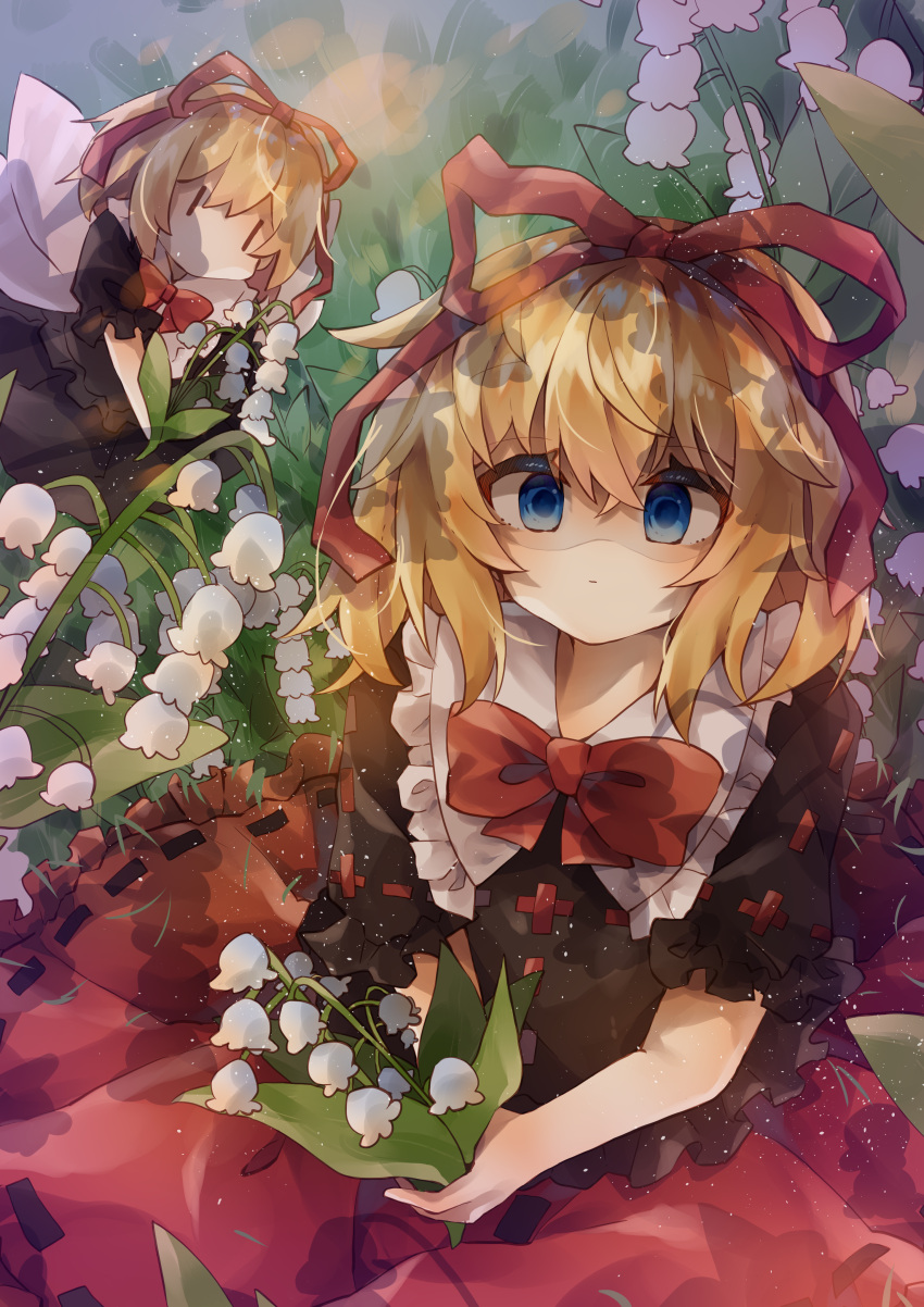 1girl :o absurdres black_ribbon blonde_hair blue_eyes bow closed_mouth doll flower frilled_shirt frilled_shirt_collar frilled_skirt frilled_sleeves frills hair_ribbon highres holding holding_flower lily_of_the_valley looking_at_viewer medicine_melancholy puffy_short_sleeves puffy_sleeves red_bow red_neckwear red_ribbon red_skirt ribbon ribbon-trimmed_skirt ribbon_trim shirt short_hair short_sleeves skirt solo touhou wavy_hair white_flower yuusya_edamame