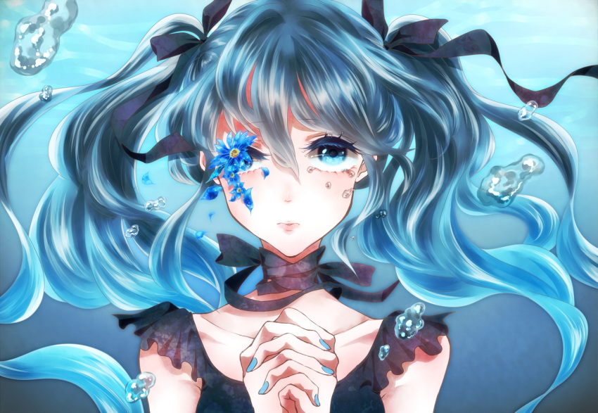 1girl black_bow black_dress black_outfit blue_eyes blue_hair bow crying deep-sea_girl dress female flower hair_bow hair_ornament hands_clasped hatsune_miku highres long_hair looking_at_viewer nail_polish praying ribbon sad solo sona tied_hair twintails underwater vocaloid water