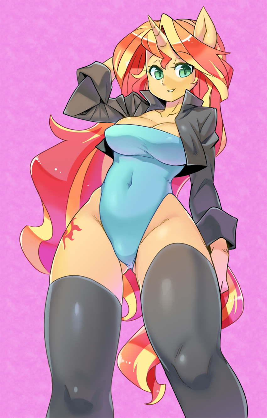 1girl cleavage green_eyes horn looking_at_viewer my_little_pony my_little_pony_equestria_girls redhead shepherd0821 solo sunset_shimmer swimsuit thick_thighs