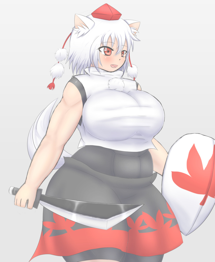 1girl :d abs animal_ears bad_hands biceps bike_shorts blush bodysuit breasts covered_navel fang fat guroo_(shine119) hat highres huge_breasts inubashiri_momiji muscle navel open_mouth plump pom_pom_(clothes) red_eyes shield short_hair short_sword silver_hair skin_tight skirt sleeveless smile solo sword tail taut_clothes thick_thighs thighs tokin_hat touhou weapon white_hair wide_hips wolf_ears wolf_tail
