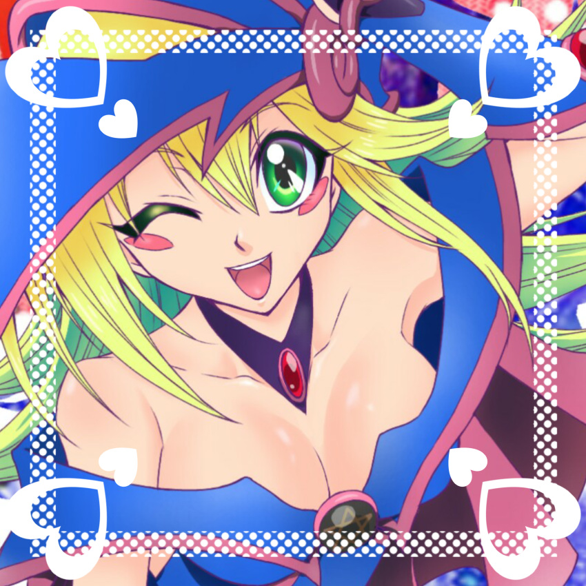 1girl blonde_hair dark_magician_girl dated duel_monster female looking_at_viewer magical_girl solo wink witch_hat yu-gi-oh! yuu-gi-ou_duel_monsters