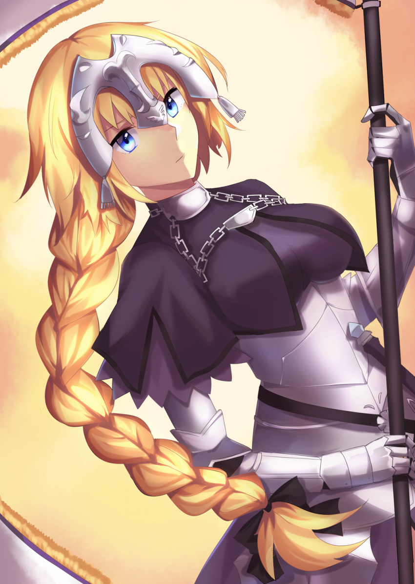 1girl armor blonde_hair blue_eyes braid breasts cape chains expressionless fate/grand_order fate_(series) headpiece highres large_breasts long_braid ruler_(fate/apocrypha) single_braid solo sonene standard_bearer