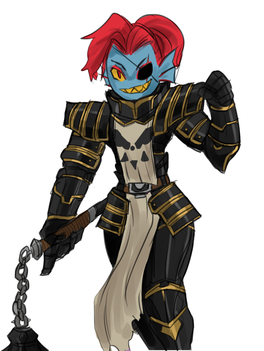 1girl armor black_armor eyepatch eyeshadow female flail grin head_fins holding_flail holding_weapon looking_at_viewer red_eyes red_eyeshadow red_pupils redhead sharp_teeth short_hair simple_background smile solo teeth undertale undyne upper_body walking weapon white_background yellow_sclera zana