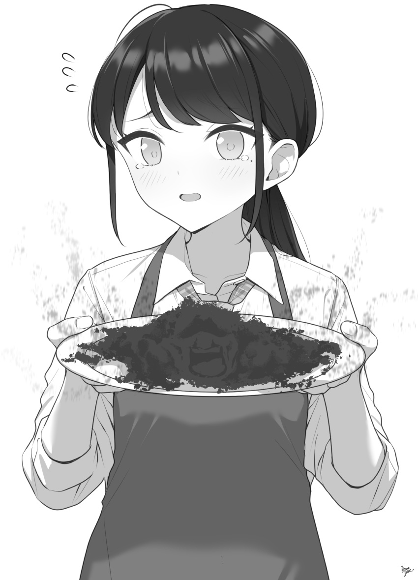 1girl bad_food bangs blush collared_shirt commentary_request flying_sweatdrops greyscale highres holding holding_plate long_hair long_sleeves looking_at_viewer low_ponytail mole mole_under_eye monochrome necktie original parted_lips plaid_necktie plate ponytail shirt simple_background solo takenoko_no_you tears upper_body when_you_see_it white_background