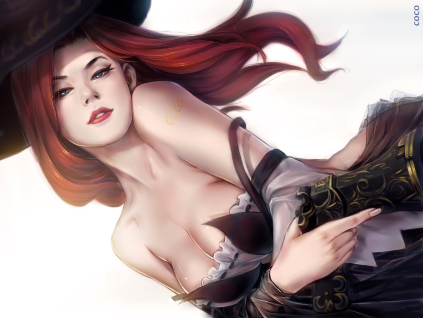 1girl breasts cleavage destincelly female gun hat league_of_legends looking_at_viewer realistic red_eyes sarah_fortune solo tattoo weapon white witch_hat