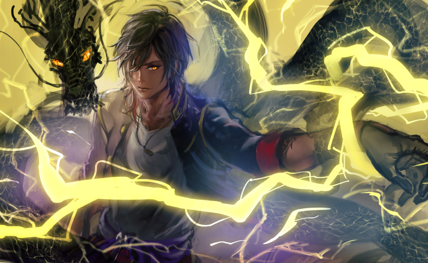 1boy black_gloves brown_hair closed_mouth collarbone dark_skin dragon gloves glowing_eyes hair_over_one_eye lightning male_focus military_uniform multicolored_hair necklace ookurikara open_clothes open_jacket personification redhead solo tattoo touken_ranbu upper_body yamakawa_umi yellow_eyes