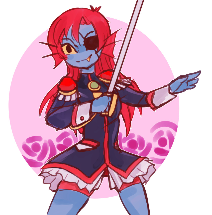 1girl alternate_costume alternate_hairstyle eyepatch fang female long_hair redhead simple_background smile solo sword undertale undyne upper_body weapon white_background zana