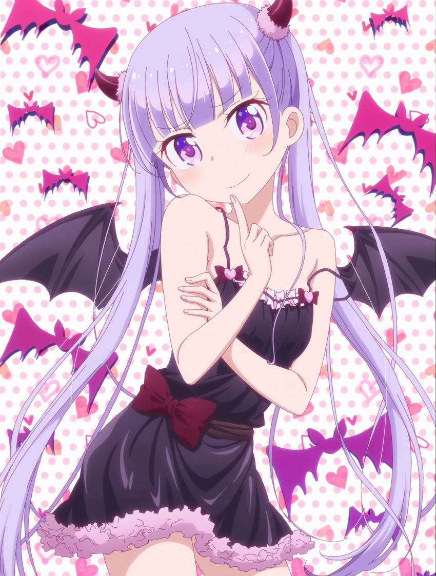 bat_wings bow horns lingerie loose_strap new_game! silver_hair suzukaze_aoba twintails violet_eyes