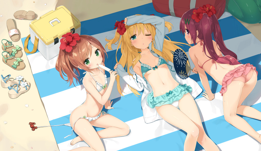 3girls absurdres all_fours arm_support ass assisted_exposure barefoot beach beach_towel bikini blonde_hair blush bow bow_bikini breasts brown_hair cooler crab day fan feet flat_chest flower frilled_bikini frills green_bikini green_eyes hair_flower hair_ornament hazuki_watora hibiscus highres jacket long_hair looking_at_viewer lying minazuki_sarami multiple_girls navel on_back one_eye_closed original paper_fan peko pink_bikini ponytail popsicle redhead sandals sandals_removed scan seashell shell shimotsuki_potofu side-tie_bikini sideboob sitting small_breasts swimsuit tongue tongue_out towel twintails two_side_up under_boob untied untied_bikini violet_eyes white_bikini
