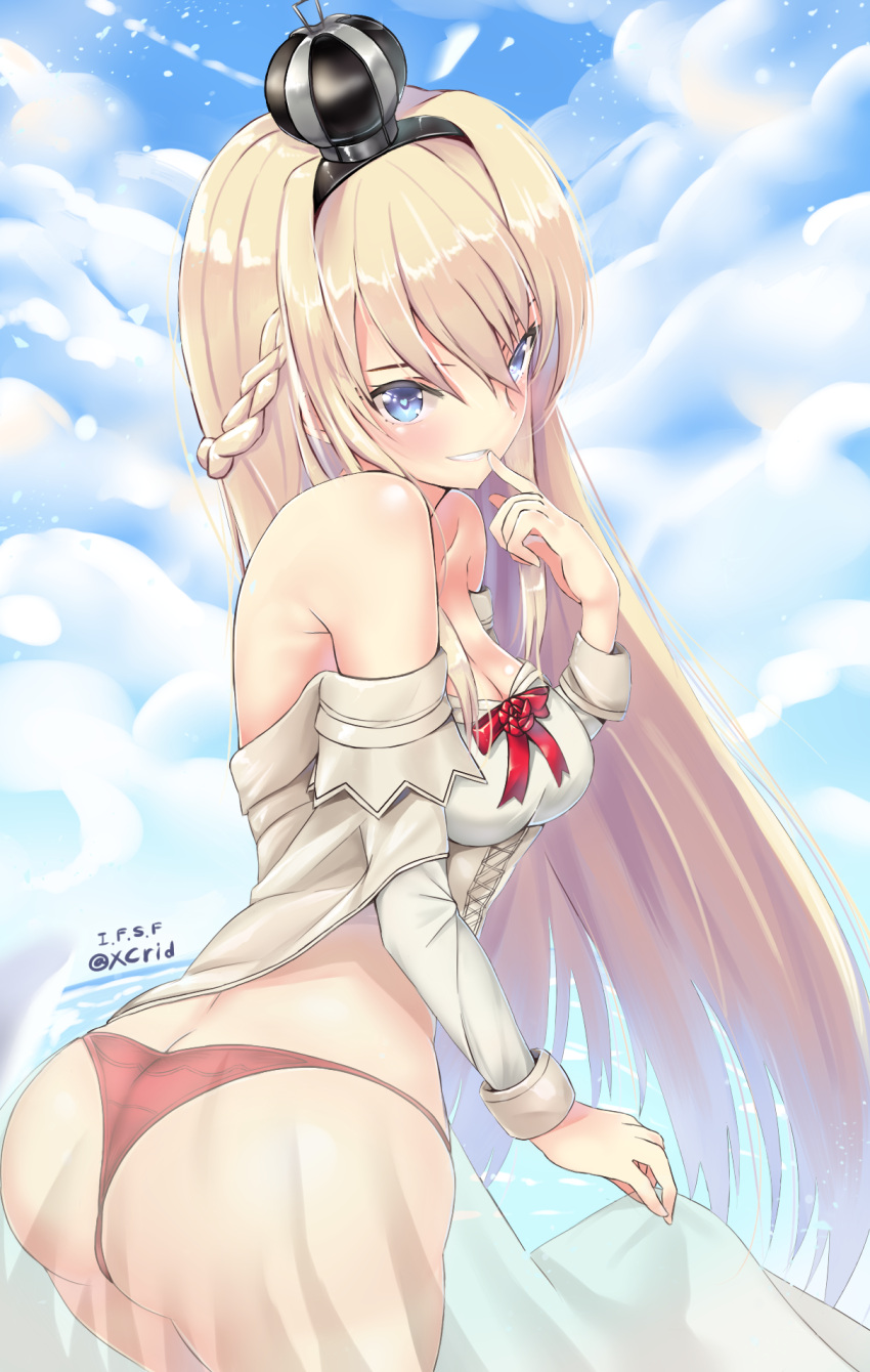 1girl ass bare_shoulders blonde_hair blue_eyes blush braid breasts butt_crack cleavage crown dress grin heart heart-shaped_pupils highres i.f.s.f kantai_collection long_hair looking_at_viewer panties red_panties ribbon see-through smile solo symbol-shaped_pupils underwear warspite_(kantai_collection)