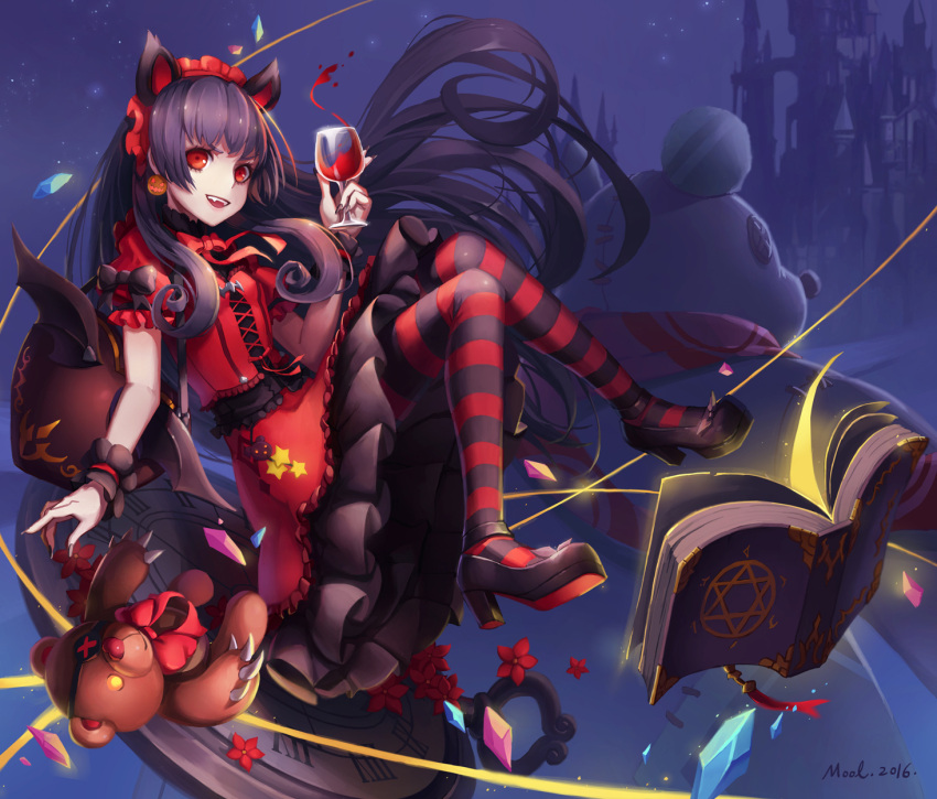1girl :d alcohol animal_ears black_hair book castle cup dress drinking_glass full_body gothic_lolita hairband high_heels highres lolita_fashion lolita_hairband long_hair looking_at_viewer magical_girl mool_yuegang open_book open_mouth original pantyhose red_eyes smile solo striped striped_legwear stuffed_animal stuffed_toy teddy_bear teeth wine wine_glass