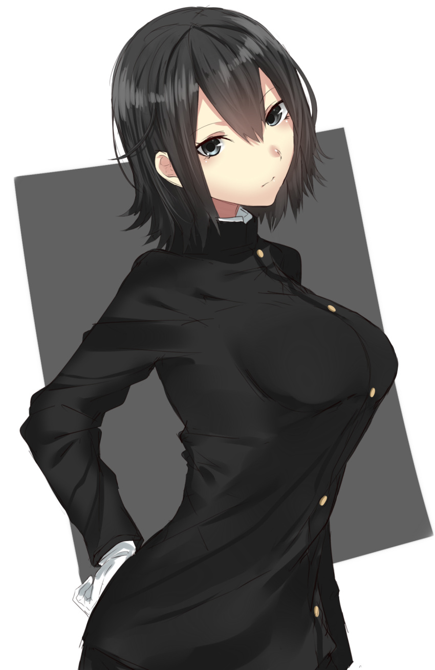 1girl akitsu_maru_(kantai_collection) black_eyes black_hair breasts closed_mouth from_side gloves hand_on_hip hat headwear_removed highres kantai_collection large_breasts long_sleeves looking_at_viewer military military_hat military_uniform no_hat no_headwear onineko-chan remodel_(kantai_collection) short_hair solo uniform upper_body white_gloves