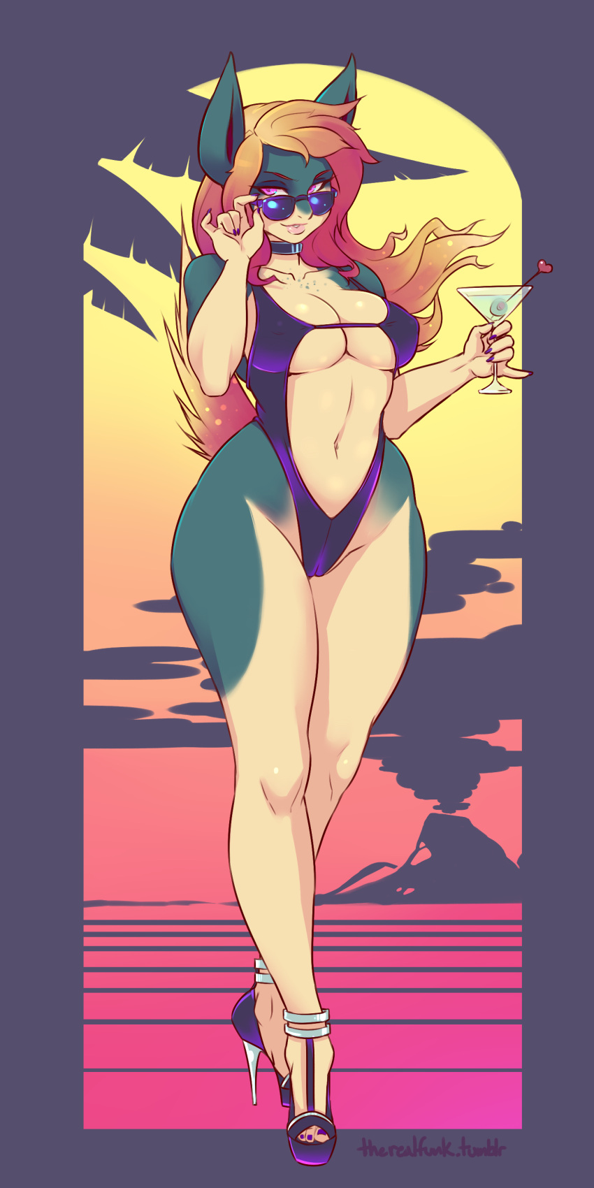 1girl breasts female glasses live_for_the_funk long_hair looking_at_viewer nail_polish nintendo pokemon quilava smile sunglasses swimsuit thong_bikini