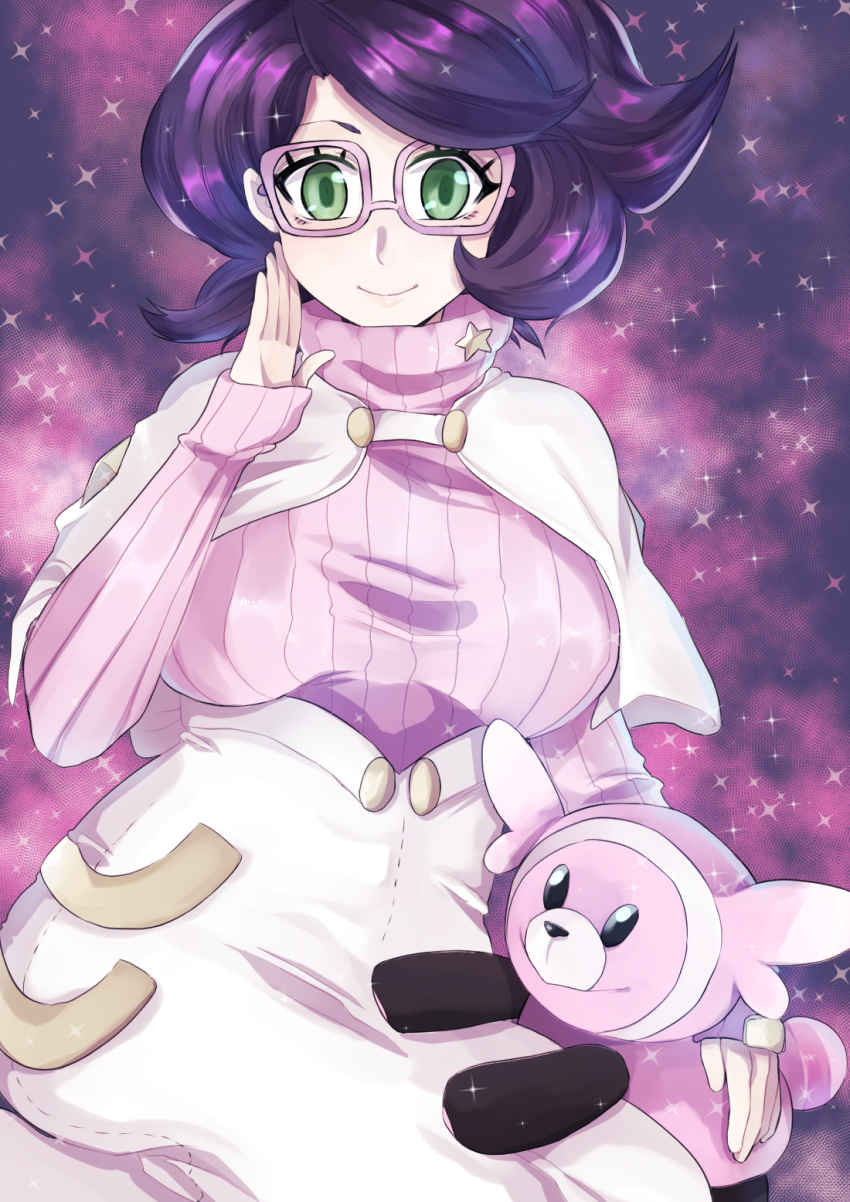 10s 1girl bicyclemeat breasts cleavage glasses large_breasts pokemon pokemon_(game) pokemon_sm smile stufful sweater wicke_(pokemon)