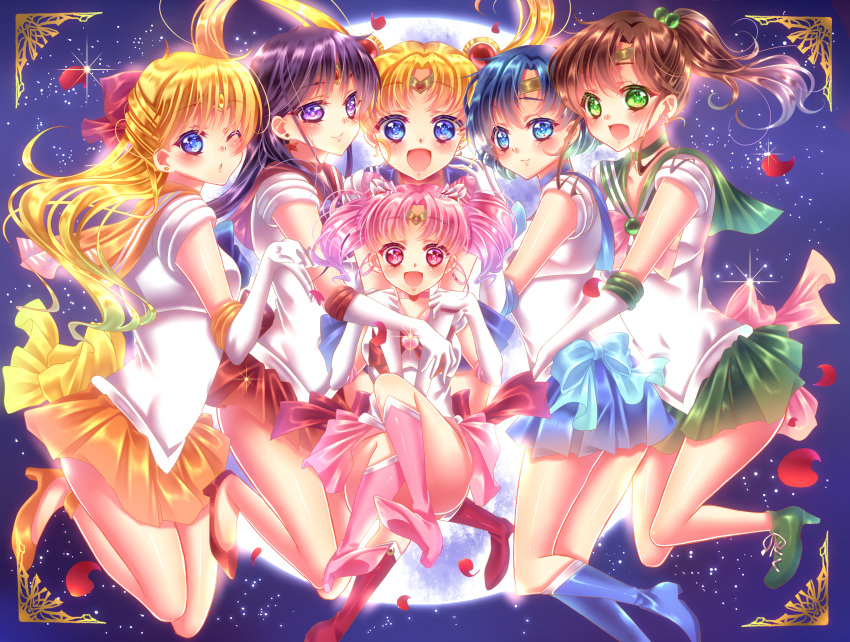 6+girls absurdres aino_minako artist_request bishoujo_senshi_sailor_moon blonde_hair blue_eyes blue_hair blush bob_cut boots bow breasts brown_hair chibi_usa choker circlet earring female green_eyes hair_bobbles hair_buns hair_ornament heels hino_rei kino_makoto large_breasts long_hair looking_at_viewer medium_breasts mizuno_ami moon multiple_girls night open_mouth outdoors parted_lips pendant petals pink_eyes pink_hair ponytail purple_hair ribbon sailor_jupiter sailor_mars sailor_mercury sailor_moon sailor_venus school_uniform serafuku shiny short_hair skirt sky smile sparkle tied_hair tsukino_usagi twintails uniform very_long_hair violet_eyes white_gloves