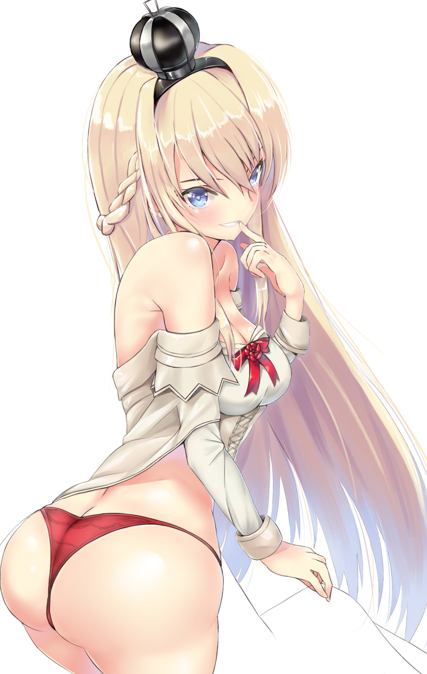 1girl ass bare_shoulders blonde_hair blue_eyes blush braid breasts butt_crack cleavage crown dress grin heart heart-shaped_pupils highres i.f.s.f kantai_collection long_hair looking_at_viewer looking_back panties ribbon smile solo symbol-shaped_pupils underwear warspite_(kantai_collection)