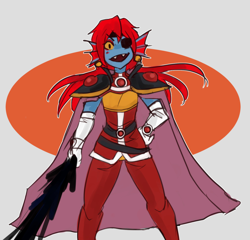1girl cape elbow_gloves eyepatch fang female gloves lina_inverse lina_inverse_(cosplay) long_hair looking_at_viewer magic parody redhead simple_background slayers solo sorcerer standing sword undertale undyne upper_body weapon white_gloves zana