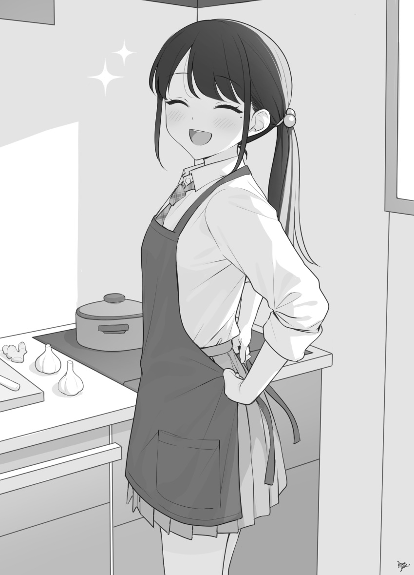 1girl :d ^_^ apron bangs blush closed_eyes collared_shirt commentary_request cutting_board facing_viewer garlic greyscale hair_bobbles hair_ornament highres indoors long_hair long_sleeves mole mole_under_eye monochrome necktie original plaid_necktie pleated_skirt ponytail shirt skirt smile solo sparkle takenoko_no_you
