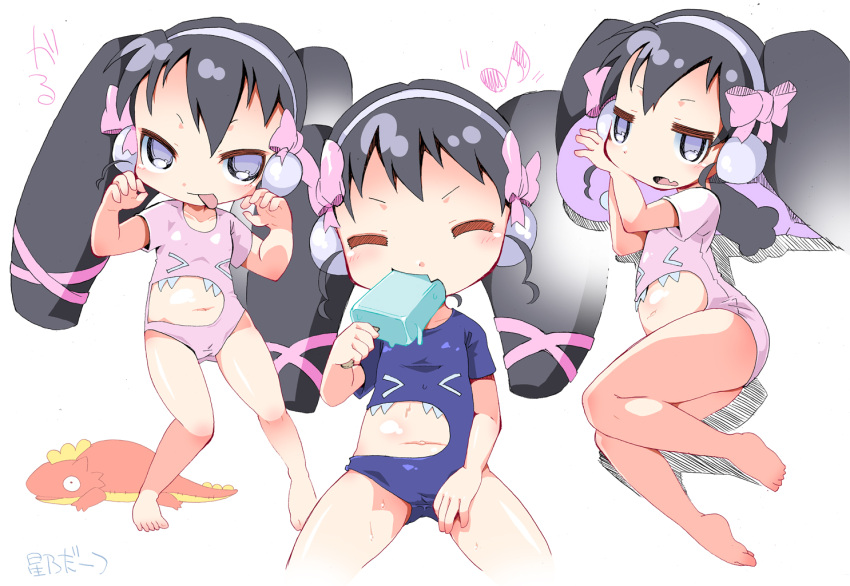 &gt;_&lt; 3girls :p barefoot bow child closed_eyes copyright_request eating eyebrows feet female hair_bow hair_ornament hoshino_darts ice_cream long_hair long_twintails looking_at_viewer multiple_girls musical_note navel one-piece_swimsuit shaodw shiny shiny_skin simple_background standing swimsuit tongue tongue_out twintails white_background