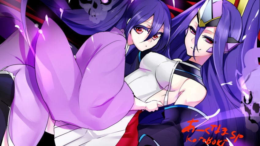 2girls arc_system_works artist_request bare_shoulders blazblue blazblue:_bloodedge_experience blazblue:_central_fiction breasts detached_sleeves hades_izanami hair_ornament headgear japanese_clothes kimono long_hair looking_at_viewer mikado_(blazblue) multiple_girls ponytail purple_hair saya_terumi shiny shiny_hair skirt smile thigh-highs very_long_hair violet_eyes