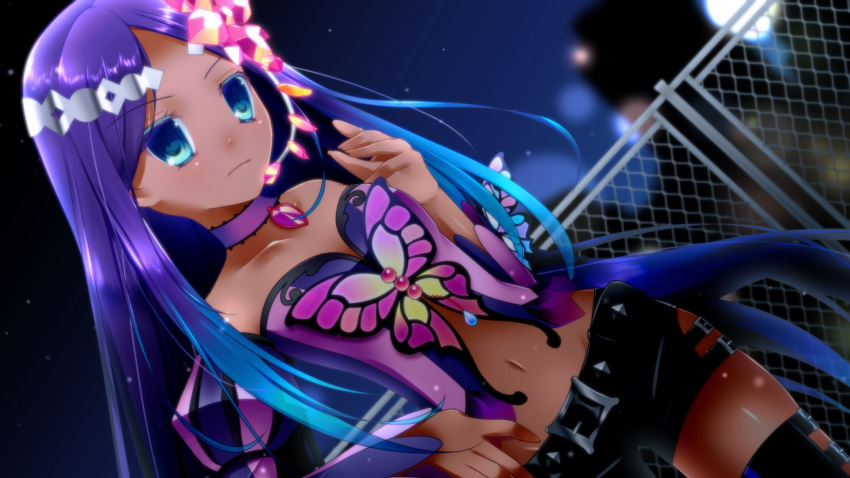 1girl bare_shoulders blue_eyes blue_hair butterfly chisamikan choker closed_mouth collarbone dark_skin detached_sleeves dutch_angle gradient_hair hair_ornament hand_on_hip jewelry long_hair looking_at_viewer merli_(vocaloid) multicolored_hair navel night outdoors petite purple_hair shorts solo thigh-highs very_long_hair vocaloid yamaha