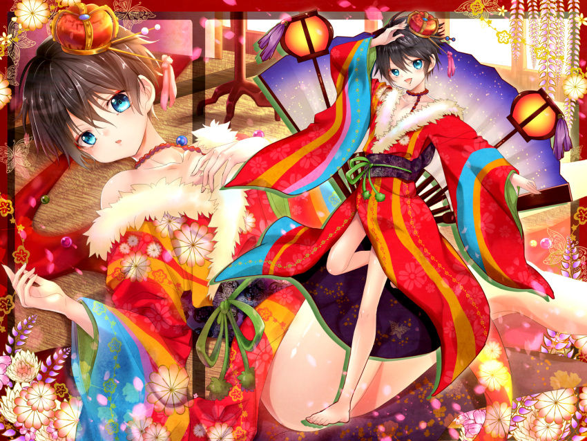 1boy bare_legs barefoot black_hair blue_eyes blush collarbone crown fan floral_print flower full_body fur gigantic_o.t.n_(vocaloid) hand_on_own_chest japanese_clothes lantern male_focus obi open_mouth sinwa_(tamaki) smile solo traditional_clothes vocaloid vocanese zhiyu_moke