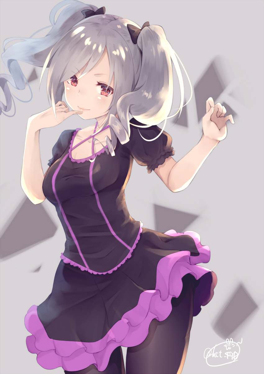 1girl bangs black_bow black_dress black_legwear bow breasts chita_(ketchup) closed_mouth collarbone cowboy_shot criss-cross_halter dress drill_hair frilled_dress frilled_sleeves frills grey_background hair_bow halter_top halterneck highres idolmaster idolmaster_cinderella_girls kanzaki_ranko layered_dress looking_at_viewer pinky_to_mouth puffy_short_sleeves puffy_sleeves red_eyes shiny shiny_hair short_sleeves silver_hair simple_background small_breasts smile solo standing swept_bangs twin_drills