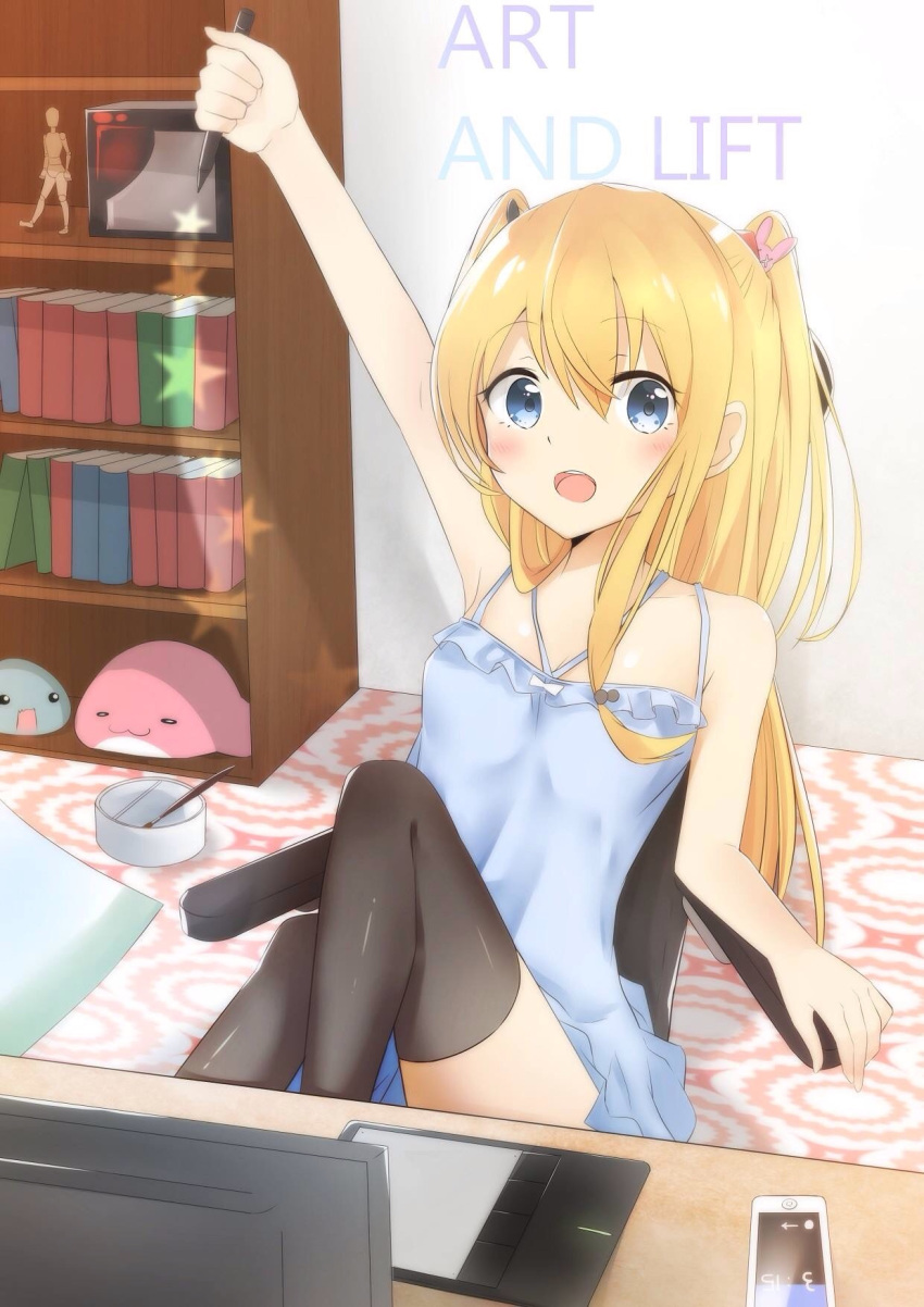 1girl 28aarts arm_up bare_arms bare_shoulders black_legwear blonde_hair blue_dress blue_eyes cellphone dress hair_between_eyes hair_over_shoulder highres indoors long_hair looking_at_viewer open_mouth original phone sitting sketch smartphone solo