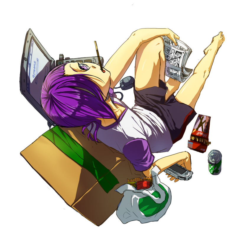 1boy bag barefoot box computer console eating food full_body hair_over_one_eye hataraku_maou-sama! knee_up looking_at_viewer male_focus mouse open_mouth pocky purple_hair shirt shorts simple_background sitting solo t-shirt urushihara_hanzou violet_eyes white_background xogml6754