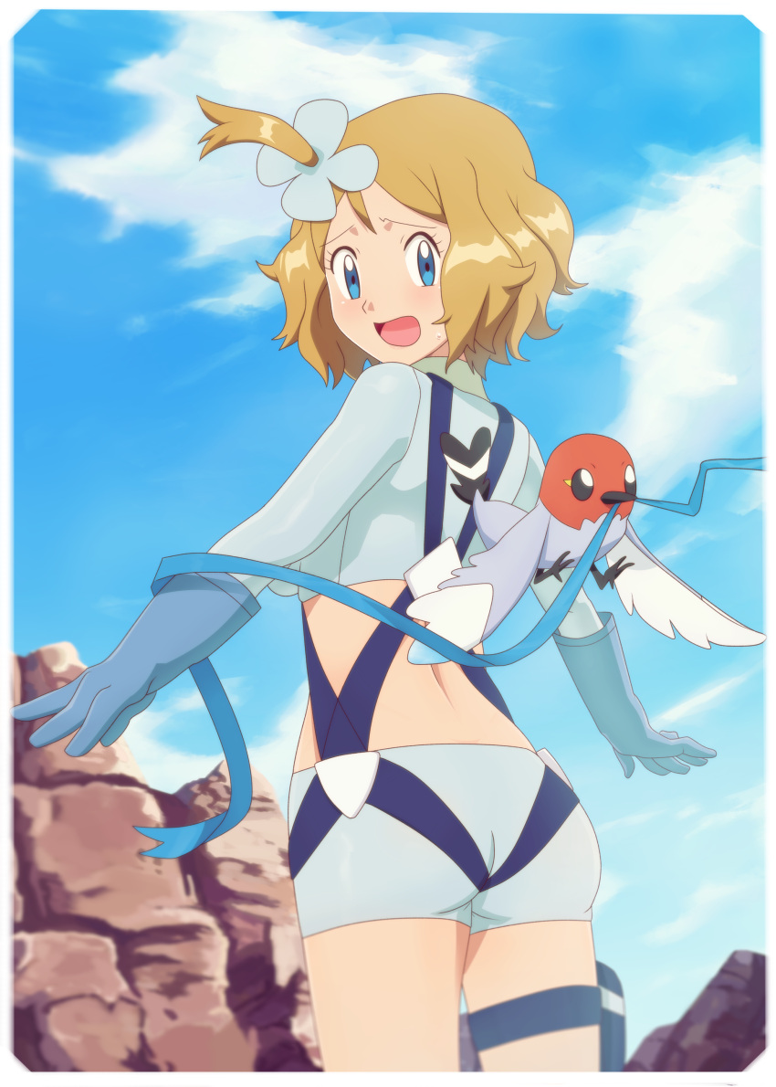 ass blonde_hair blush breasts butt_crack cosplay embarrassed fletchling fuuro_(pokemon) gloves midriff navel pokemon ribbon serena_(pokemon) shorts