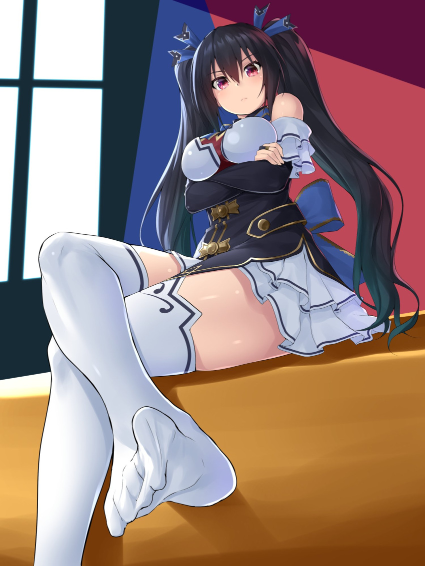 1girl black_hair breasts crossed_arms elbow_gloves feet from_below full_body gloves hair_ribbon highres legs_crossed looking_at_viewer medium_breasts neptune_(series) no_shoes noire oekakizuki pov_feet red_eyes ribbon sitting skirt solo thigh-highs toes twintails zettai_ryouiki