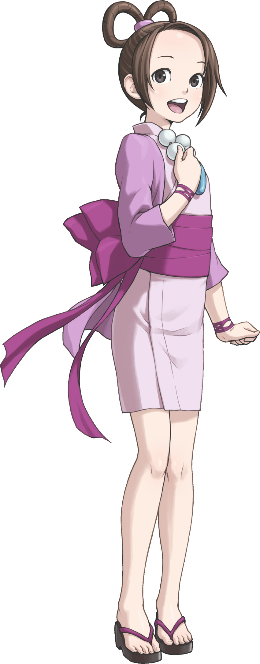 1girl absurdres ayasato_harumi black_eyes feet forehead full_body gyakuten_saiban hair_rings highres japanese_clothes jewelry kimono long_sleeves magatama necklace official_art open_mouth sandals solo toes transparent_background wristband