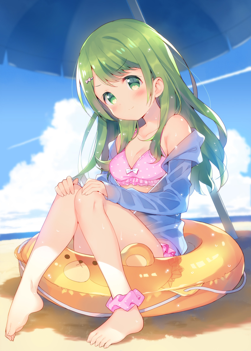 1girl absurdres bangs bare_shoulders barefoot beach beach_umbrella bikini bikini_under_clothes blue_jacket blue_sky blush breasts closed_mouth clouds cloudy_sky collarbone commentary_request day eyebrows_visible_through_hair full_body green_eyes green_hair hair_ornament hairclip hands_on_own_knees head_tilt highres hood hood_down hooded_jacket horizon innertube jacket knees_together_feet_apart knees_up long_hair long_sleeves meito_(maze) morinaka_kazaki nijisanji off_shoulder open_clothes open_jacket outdoors pink_bikini polka_dot polka_dot_bikini sitting sky sleeves_past_wrists small_breasts smile solo swimsuit toenails transparent umbrella very_long_hair virtual_youtuber wet