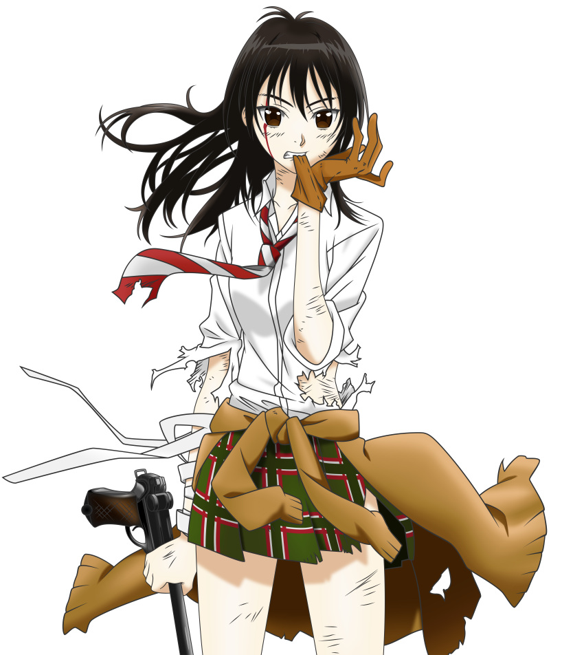 1girl absurdres bandage black_hair blood blood_on_face brown_eyes clothes_around_waist coppelion cowboy_shot floating_hair gloves green_skirt gun handgun highres huge_filesize incredibly_absurdres long_hair looking_at_viewer luger_p08 miniskirt naruse_ibara necktie pale_skin plaid plaid_skirt pleated_skirt scratches shirt skirt sleeves_rolled_up solo standing striped striped_necktie sweater_around_waist torn_clothes transparent_background vector_trace weapon white_shirt wind