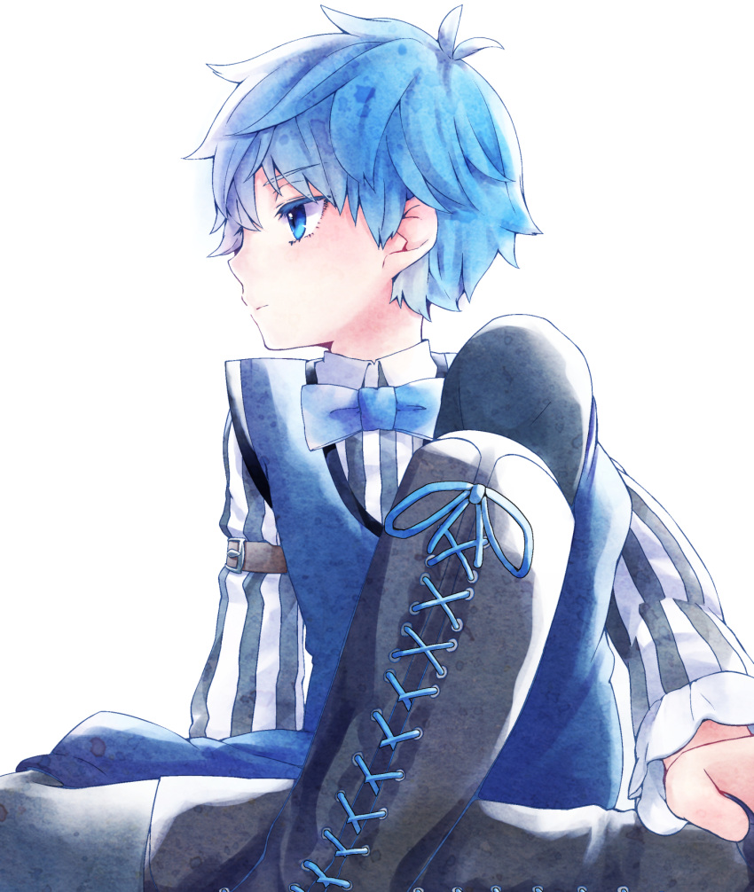 1boy blue_eyes blue_hair boots bowtie caster_(fate/extra_ccc) child collared_shirt fate/extra_ccc fate_(series) frills male_focus pantyhose profile shorts simple_background solo striped striped_shirt white_background yozakura