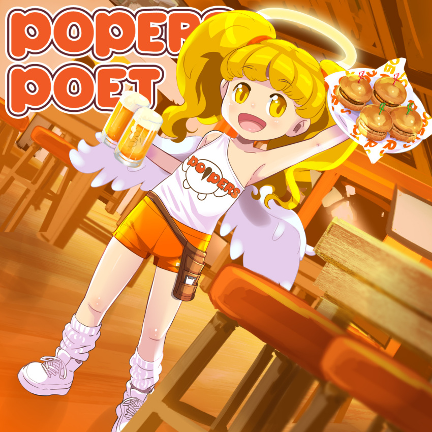 1girl alcohol armpit burger child eyebrows eyebrows_visible_through_hair female food halo holding indoors long_hair navel open_mouth osamu_yagi plate poet_(pop'n_music) pop'n_music solo standing stool twintails wings wooden_floor yellow_eyes