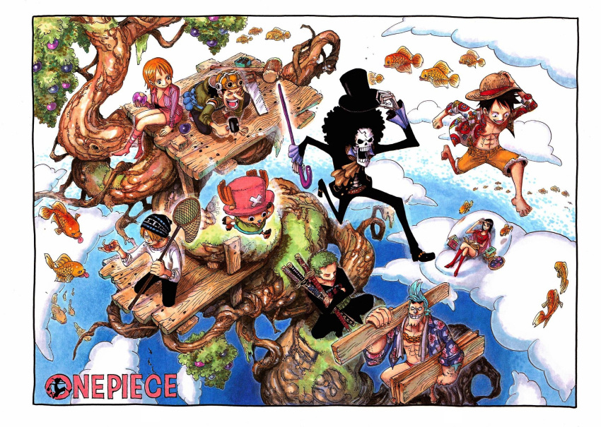 2girls 6+boys barefoot beanie black_hair blonde_hair blue_hair book boots brook clouds color_spread copyright_name eating fish flying flying_fish franky fruit glasses goggles green_hair hair_over_one_eye hammer hand_on_hat haramaki hat hawaiian_shirt mallet monkey_d_luffy multiple_boys multiple_girls multiple_swords nami_(one_piece) necklace net nico_robin oda_eiichirou official_art one_piece open_mouth open_shirt orange_hair pink_shoes reading red_shoes roronoa_zoro running sandai_kitetsu sanji saw sheathed_sword shusui sitting skeleton sleeping smile smoking straw_hat sunglasses sunglasses_on_head sword tony_tony_chopper tree wado_ichimonji