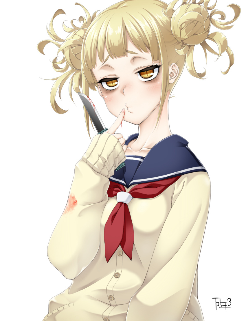 1girl bangs blonde_hair blood bloody_weapon blunt_bangs blush boku_no_hero_academia cardigan double_bun knife mannensan'i messy_hair school_uniform serafuku simple_background solo toga_himiko upper_body weapon yellow_eyes