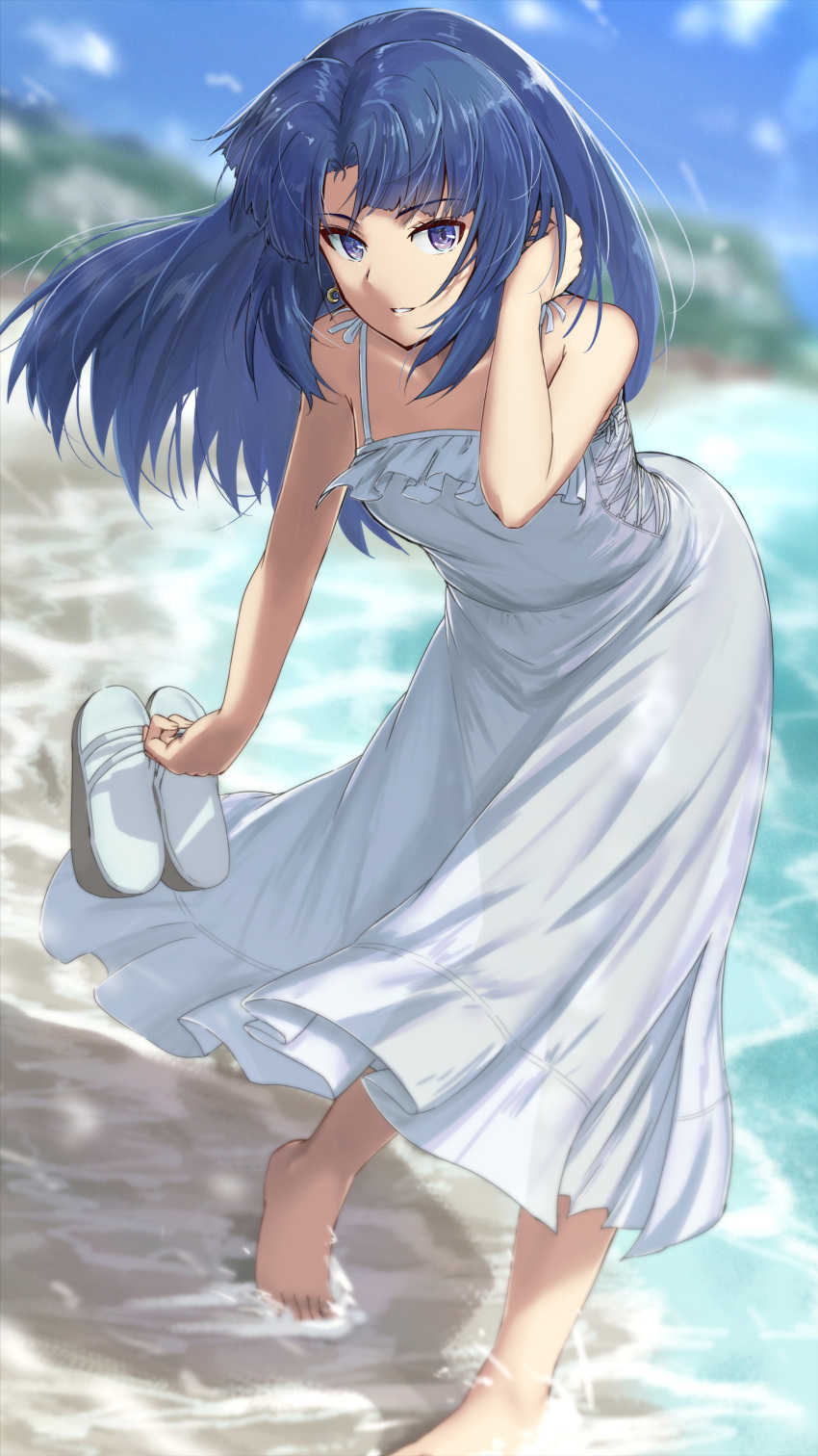 1girl absurdres alice_gear_aegis bare_arms barefoot beach blue_eyes blue_hair blurry blurry_background bureikubureido day dress earrings floating_hair hat highres holding holding_clothes holding_hat jewelry leaning_forward long_dress long_hair looking_at_viewer outdoors parted_lips shiny shiny_hair sleeveless sleeveless_dress solo standing takanashi_rei very_long_hair white_dress