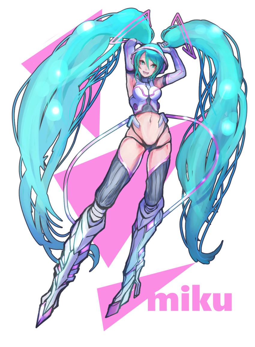 1girl alternate_costume armpits blue_eyes blue_hair character_name female hatsune_miku headphones long_hair midriff navel open_mouth solo thigh-highs tied_hair twintails very_long_hair vocaloid