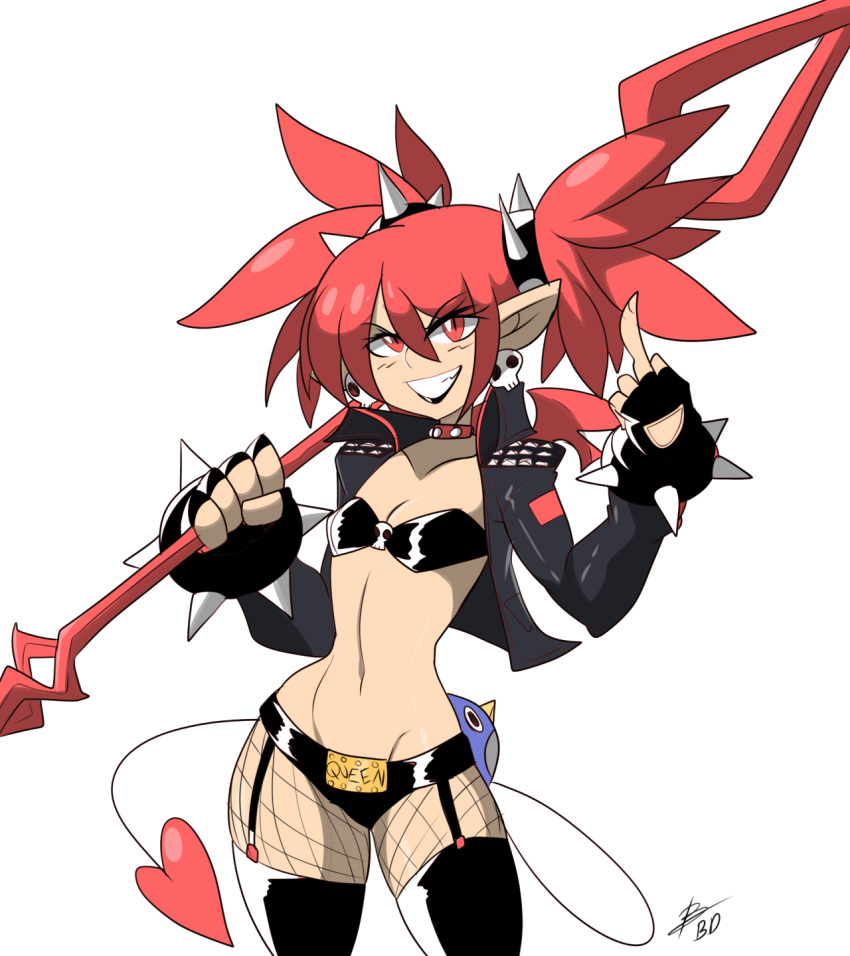 1girl bigdead93 black_lipstick demon disgaea etna jacket middle_finger redhead solo spear tail thigh_boots twintails wings