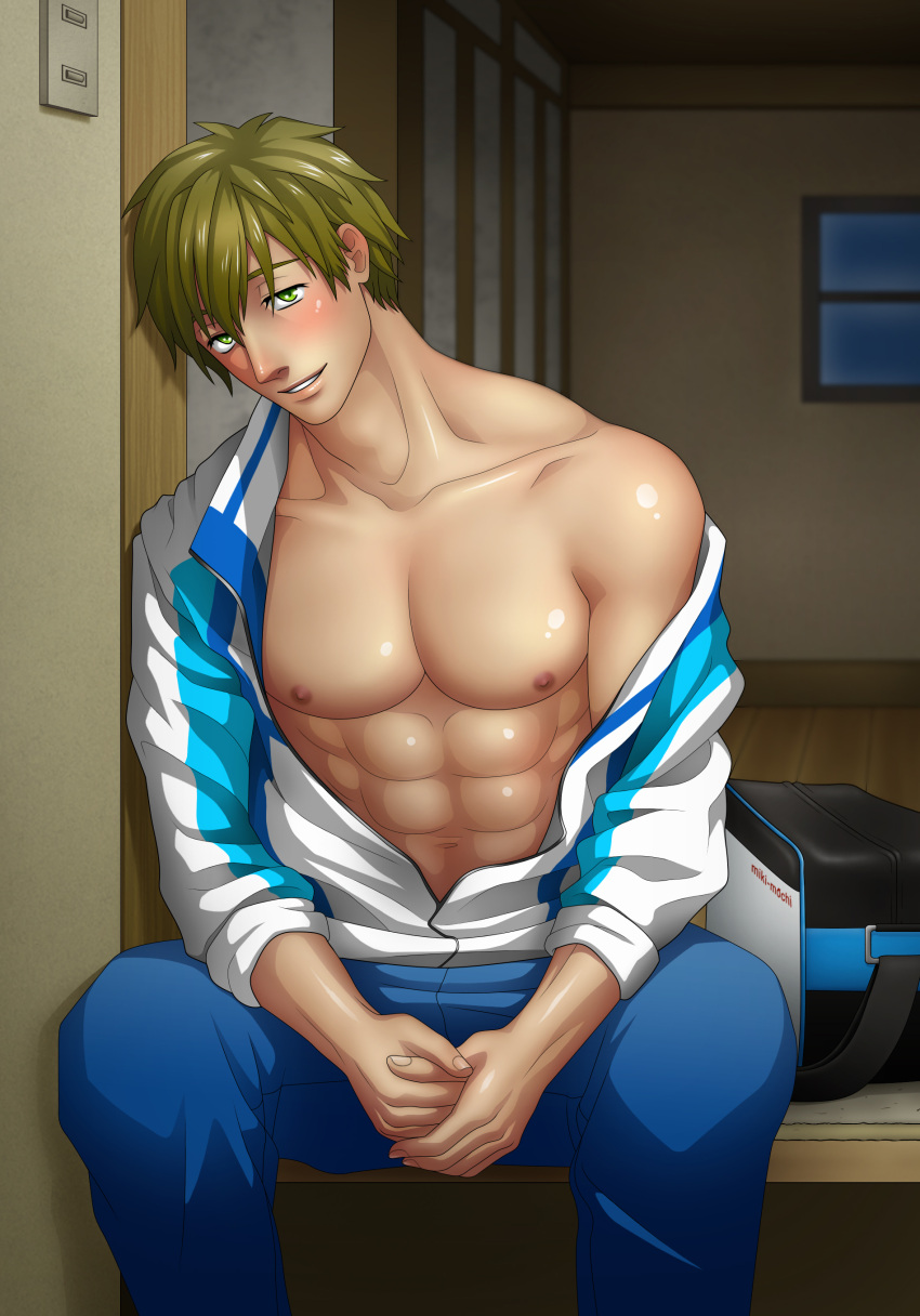 1boy abs areolae bag blush collarbone free! green_eyes green_hair indoors looking_at_viewer lush male_focus matching_hair/eyes muscle nipples open_clothes open_shirt pecs shiny shiny_skin short_hair sitting smile solo tachibana_makoto undressing window